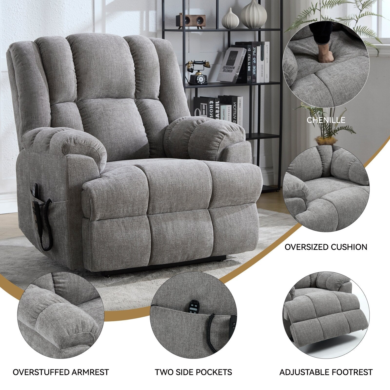 Fauteuil inclinable électrique surdimensionné en chenille avec massage et chauffage lombaire, inclinaison à positions infinies