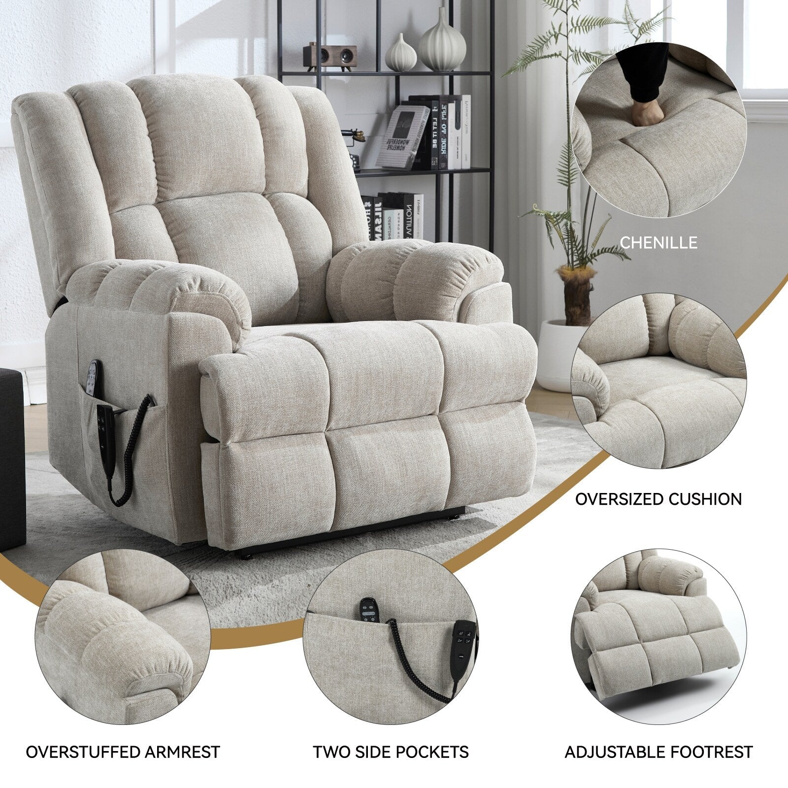 Fauteuil inclinable électrique surdimensionné en chenille avec massage et chauffage lombaire, inclinaison à positions infinies
