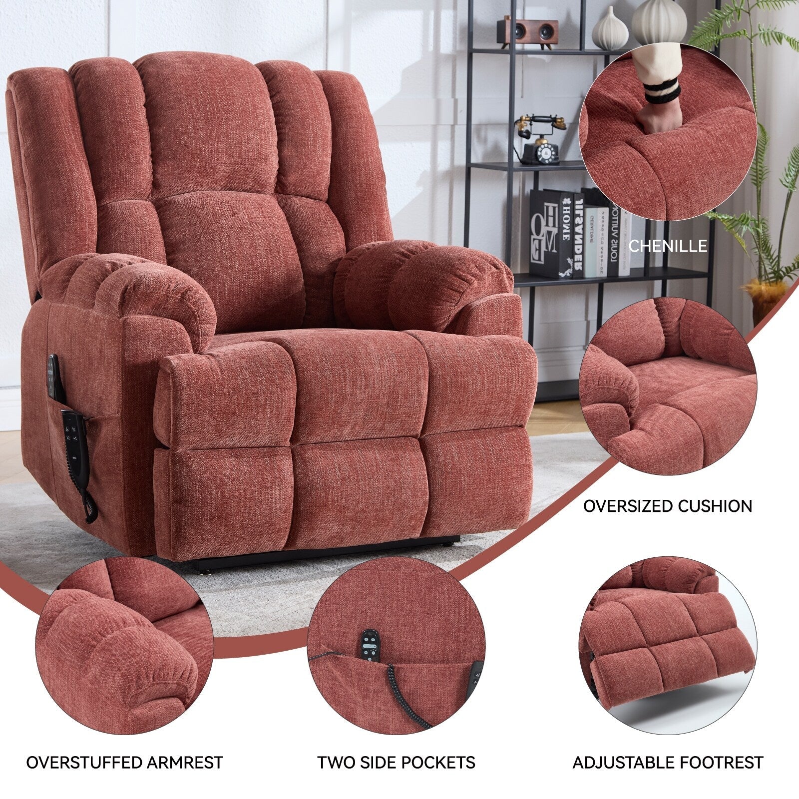 Fauteuil inclinable électrique surdimensionné en chenille avec massage et chauffage lombaire, inclinaison à positions infinies