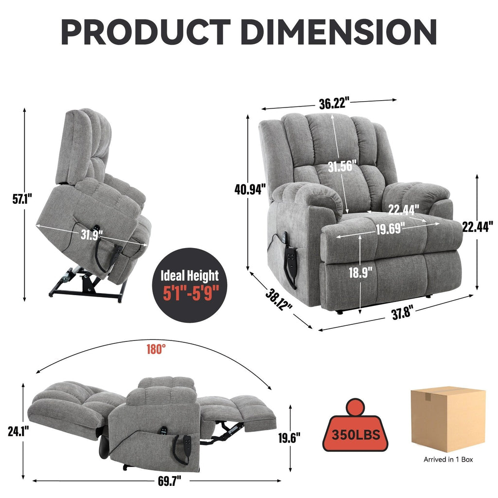 Fauteuil inclinable électrique surdimensionné en chenille avec massage et chauffage lombaire, inclinaison à positions infinies