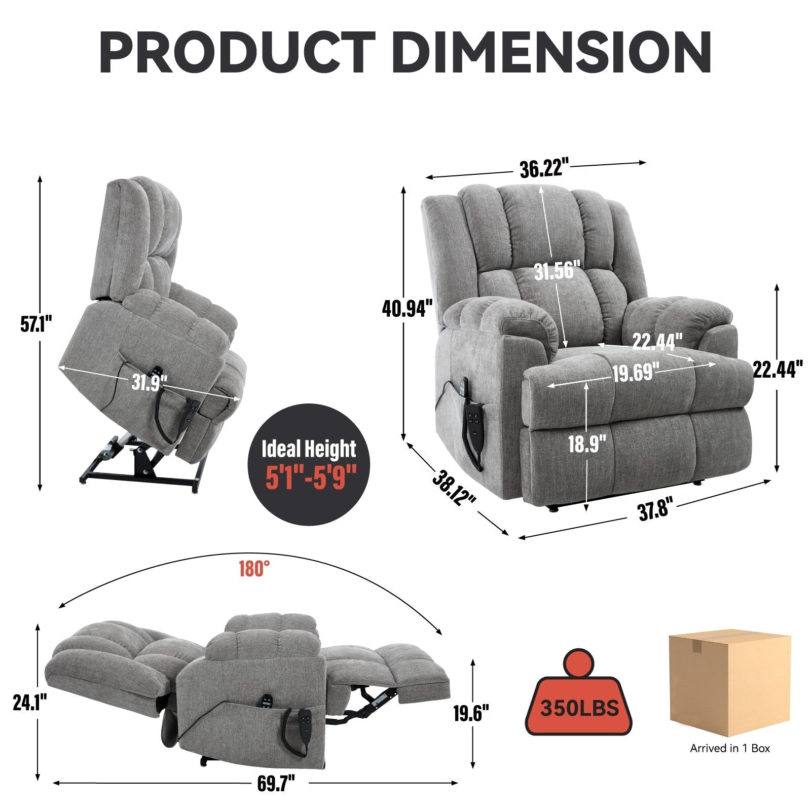 Fauteuil inclinable électrique surdimensionné en chenille avec massage et chauffage lombaire, inclinaison à positions infinies