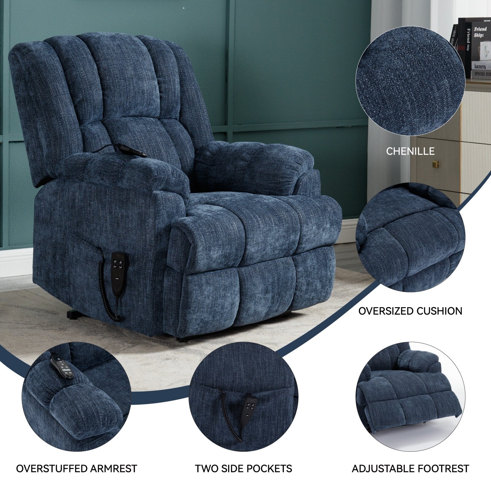 Fauteuil inclinable électrique surdimensionné en chenille avec massage et chauffage lombaire, inclinaison à positions infinies