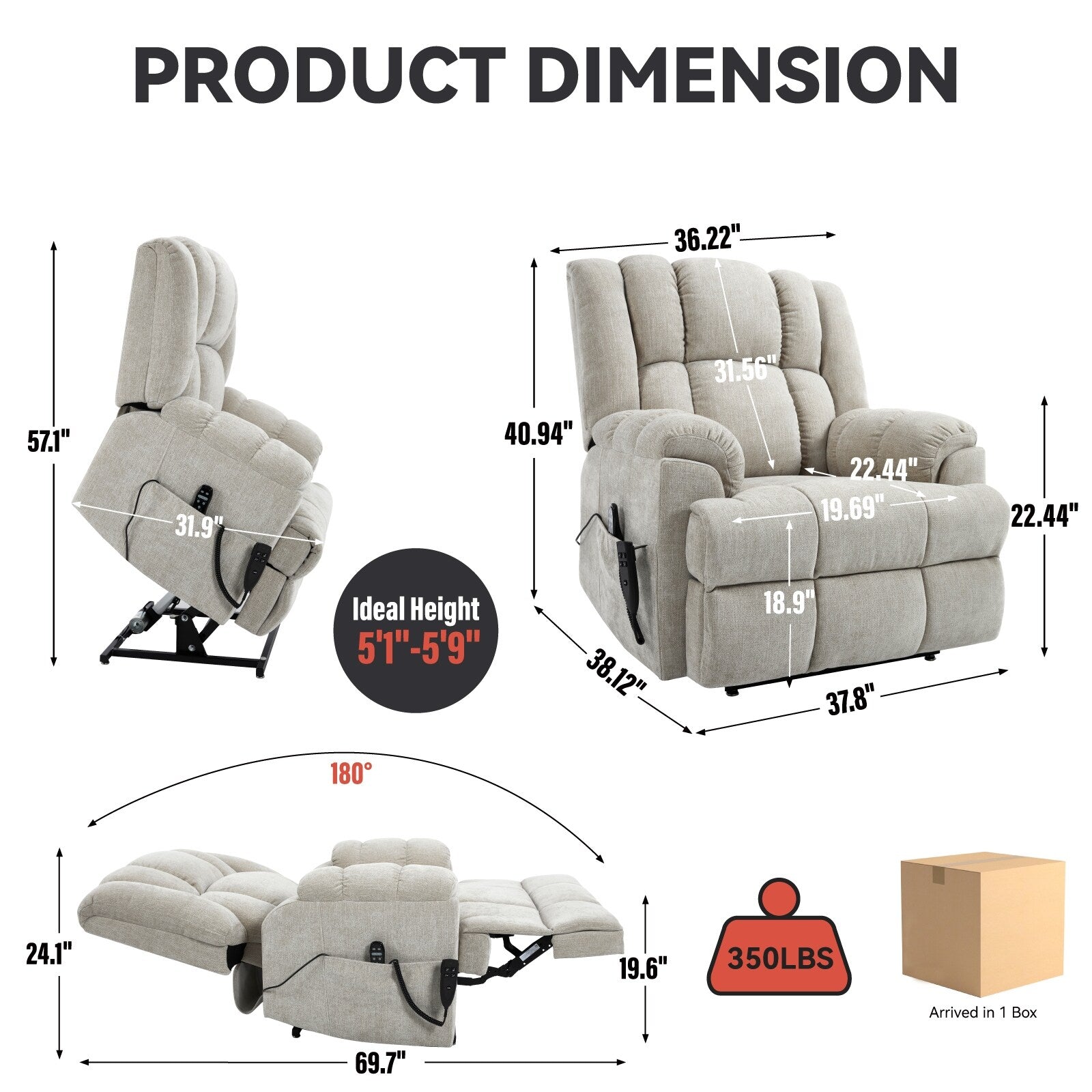 Fauteuil inclinable électrique surdimensionné en chenille avec massage et chauffage lombaire, inclinaison à positions infinies