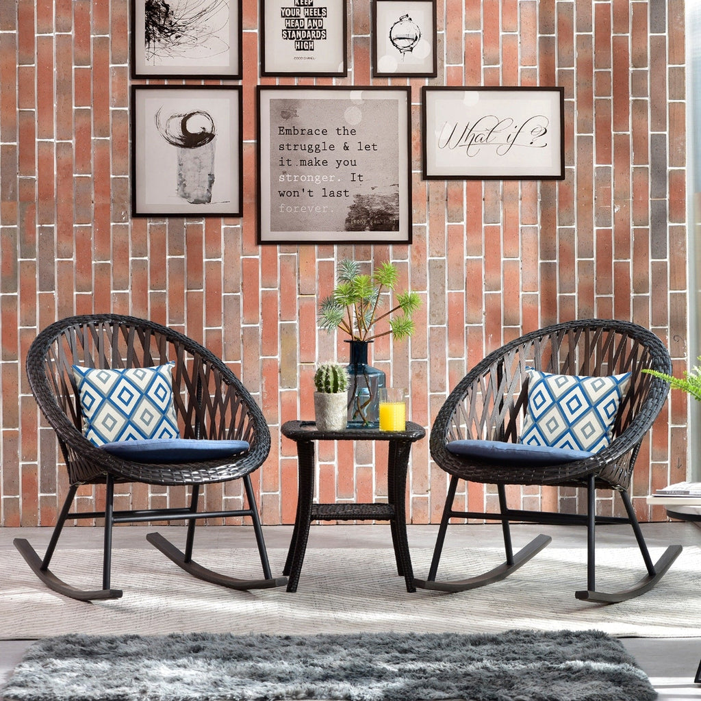 Ensemble bistro de patio OVIOS 3 pièces avec fauteuil à bascule et table basse en verre