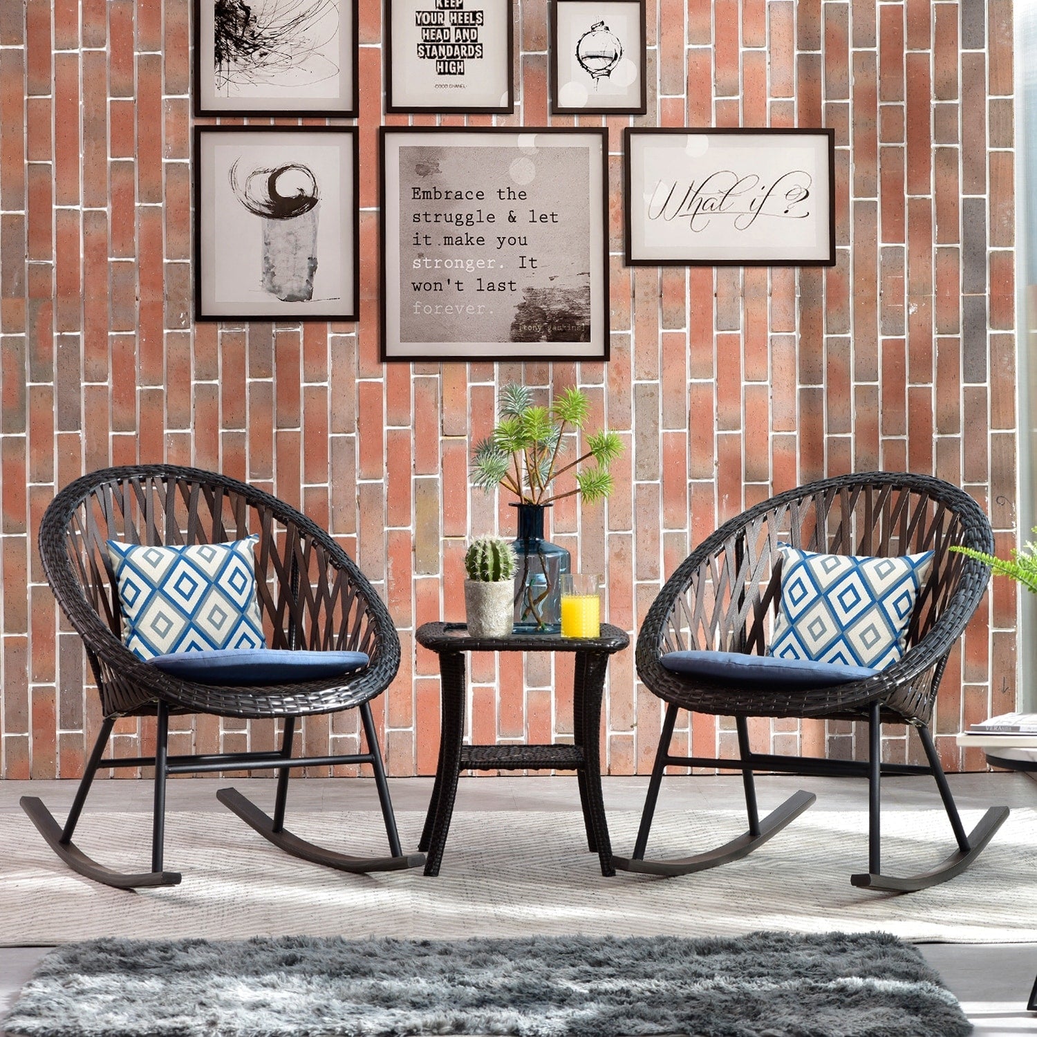 Ensemble bistro de patio OVIOS 3 pièces avec fauteuil à bascule et table basse en verre