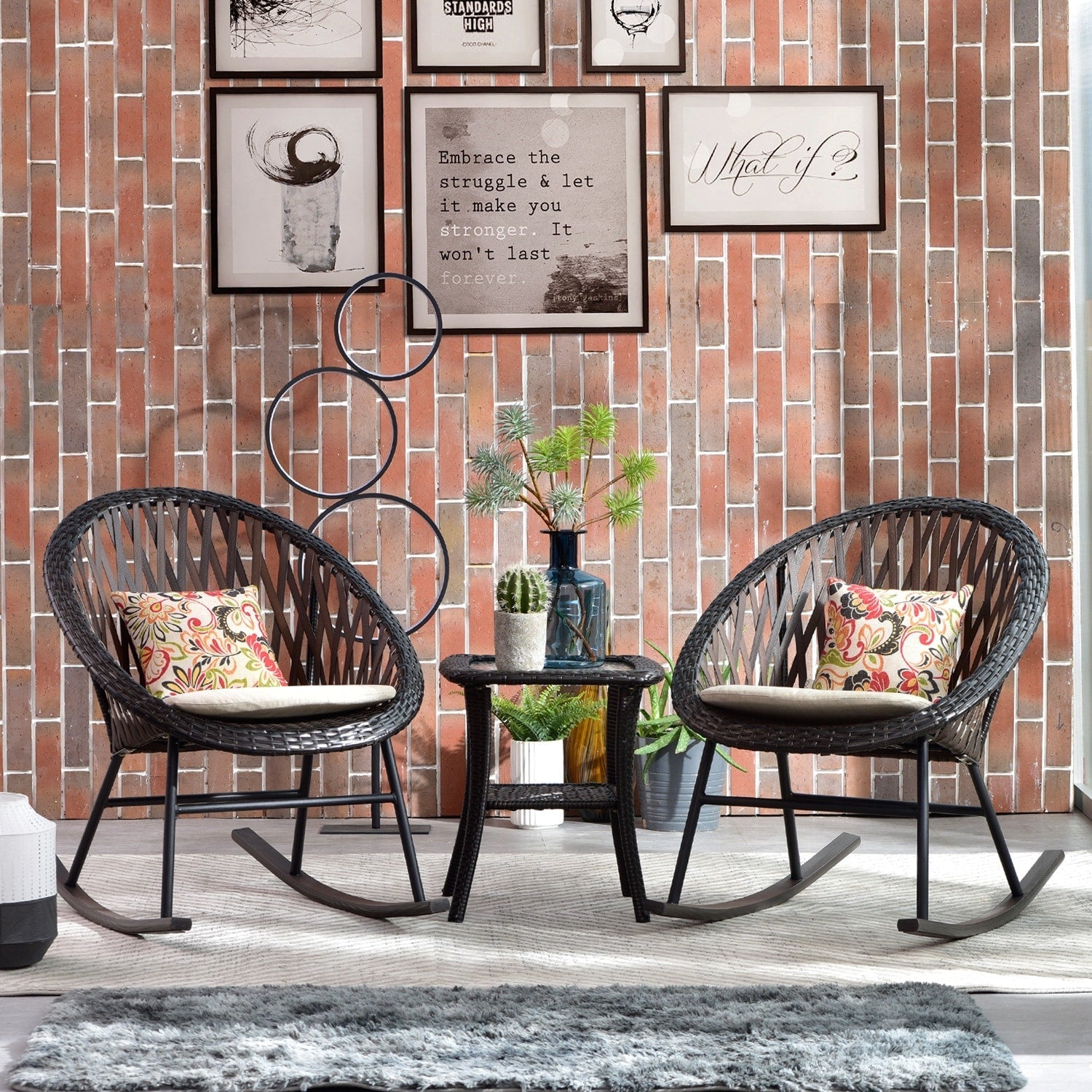 Ensemble bistro de patio OVIOS 3 pièces avec fauteuil à bascule et table basse en verre