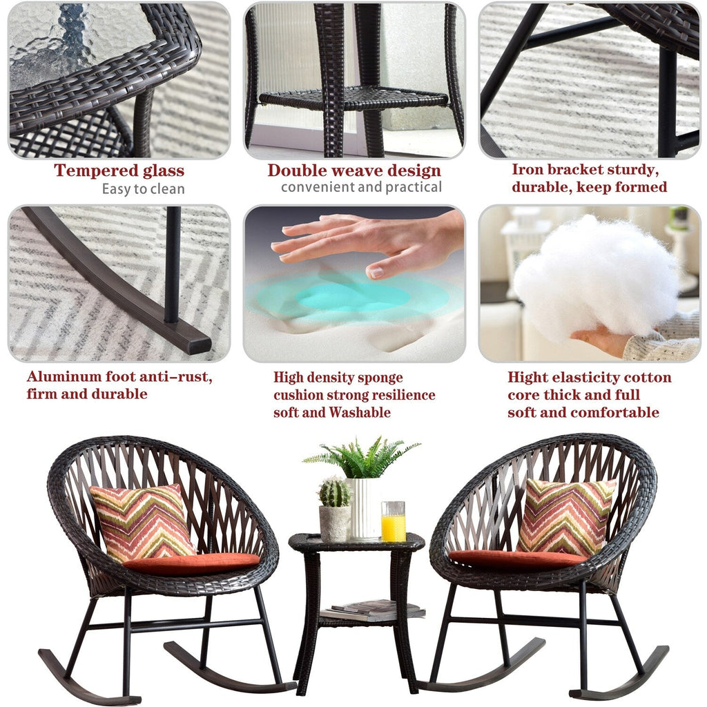 Ensemble bistro de patio OVIOS 3 pièces avec fauteuil à bascule et table basse en verre