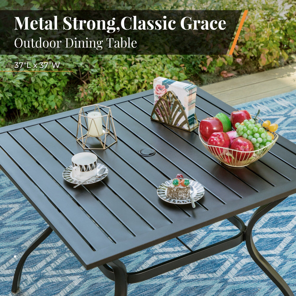 Ensemble de salle à manger d'extérieur MAISON ARTS 6 pièces avec parasol à 3 niveaux inclinable automatiquement de 3 m : 4 chaises d'extérieur en métal, 1 table à manger carrée en métal