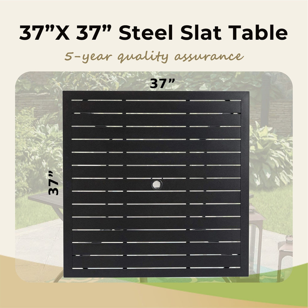 Ensemble de salle à manger d'extérieur MAISON ARTS 6 pièces avec parasol à 3 niveaux inclinable automatiquement de 3 m : 4 chaises d'extérieur en métal, 1 table à manger carrée en métal