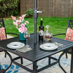 Ensemble de salle à manger d'extérieur MAISON ARTS 6 pièces avec parasol à 3 niveaux inclinable automatiquement de 3 m : 4 chaises d'extérieur en métal, 1 table à manger carrée en métal