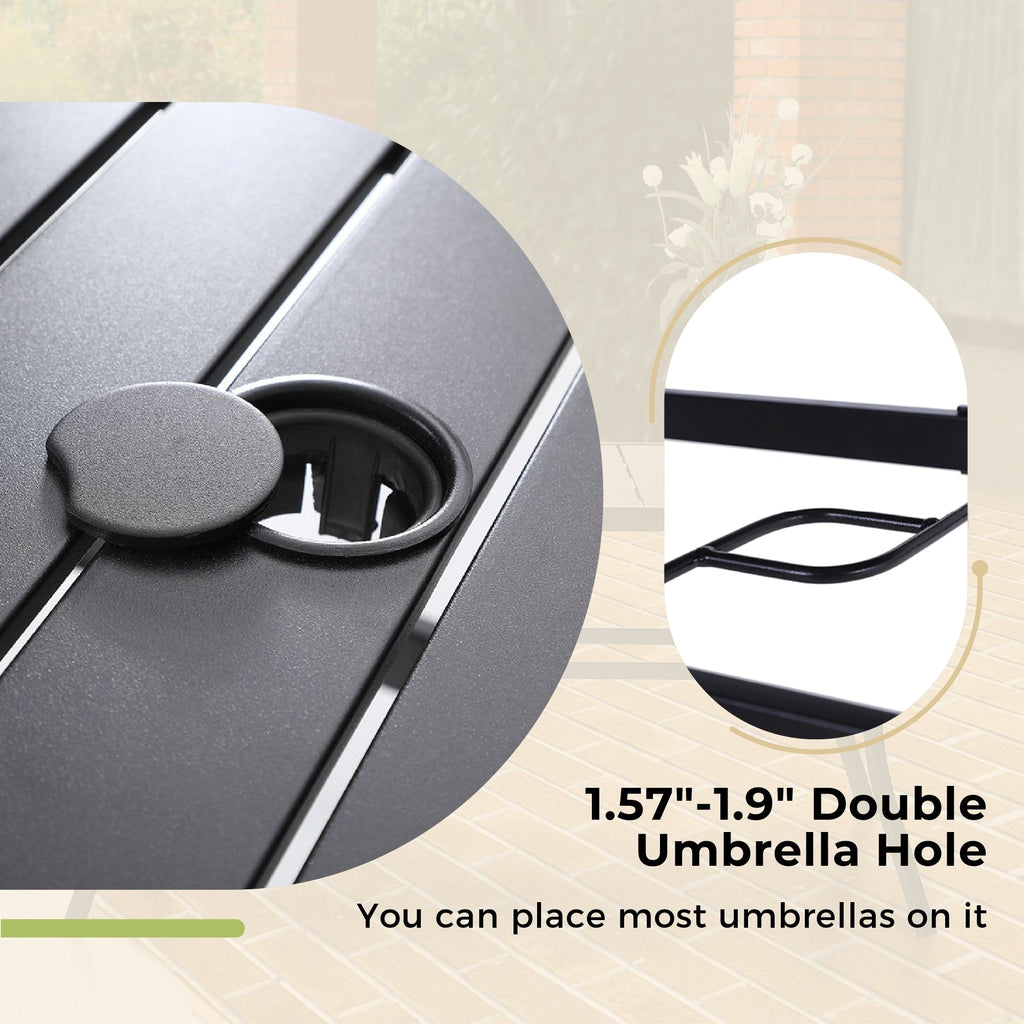 Ensemble de salle à manger d'extérieur MAISON ARTS 6 pièces avec parasol à 3 niveaux inclinable automatiquement de 3 m : 4 chaises d'extérieur en métal, 1 table à manger carrée en métal