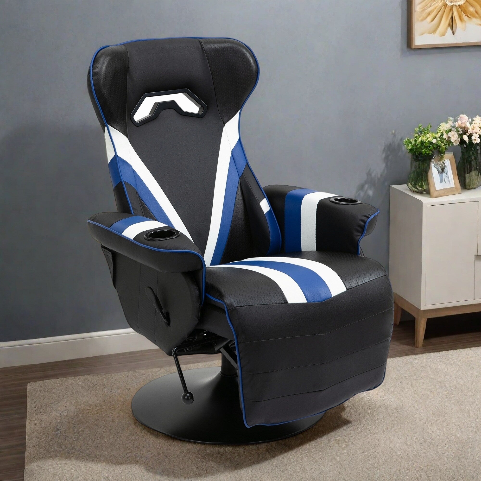 Fauteuil de jeu inclinable sans accoudoirs en PVC avec repose-pieds, porte-gobelets et surpiqûres en losange