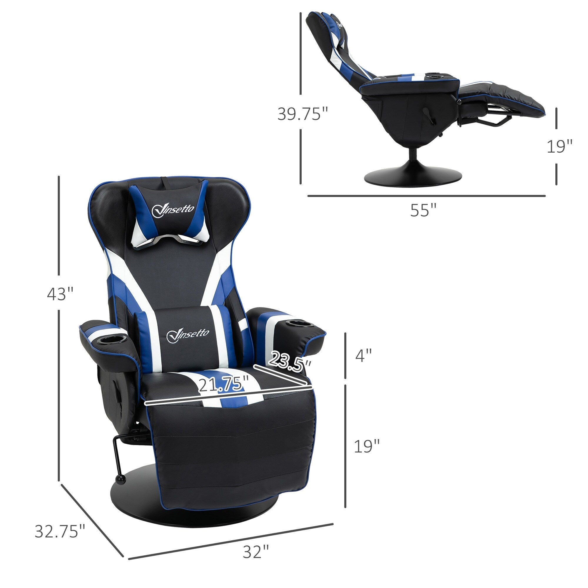 Fauteuil de jeu inclinable sans accoudoirs en PVC avec repose-pieds, porte-gobelets et surpiqûres en losange