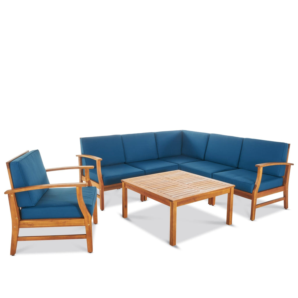 Ensemble de canapés d'extérieur 7 pièces en bois d'acacia Perla avec coussins, par Christopher Knight Home