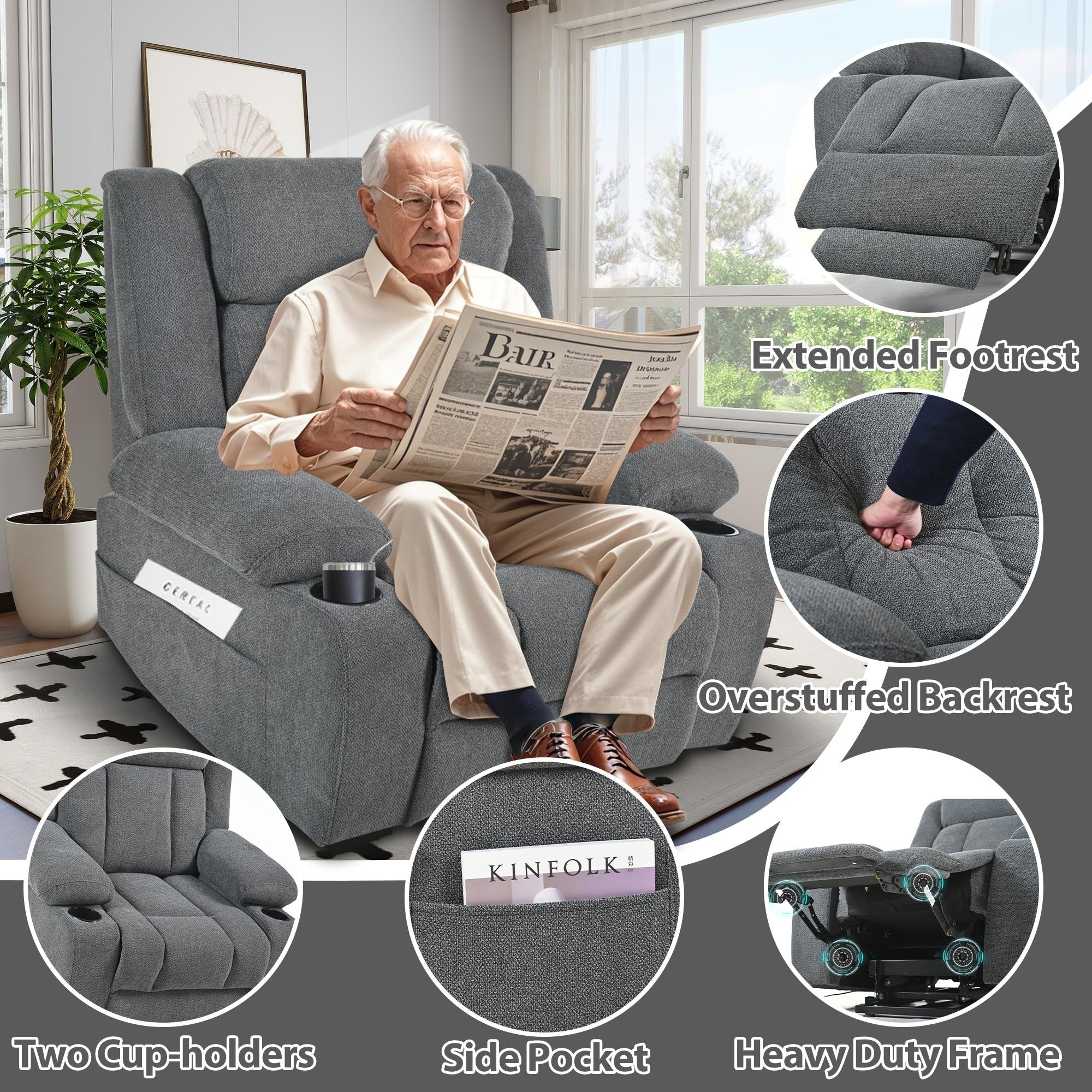 Fauteuil releveur électrique pour personnes âgées, fauteuil releveur en tissu avec repose-pieds extensible, 2 porte-gobelets, poches latérales et télécommande.
