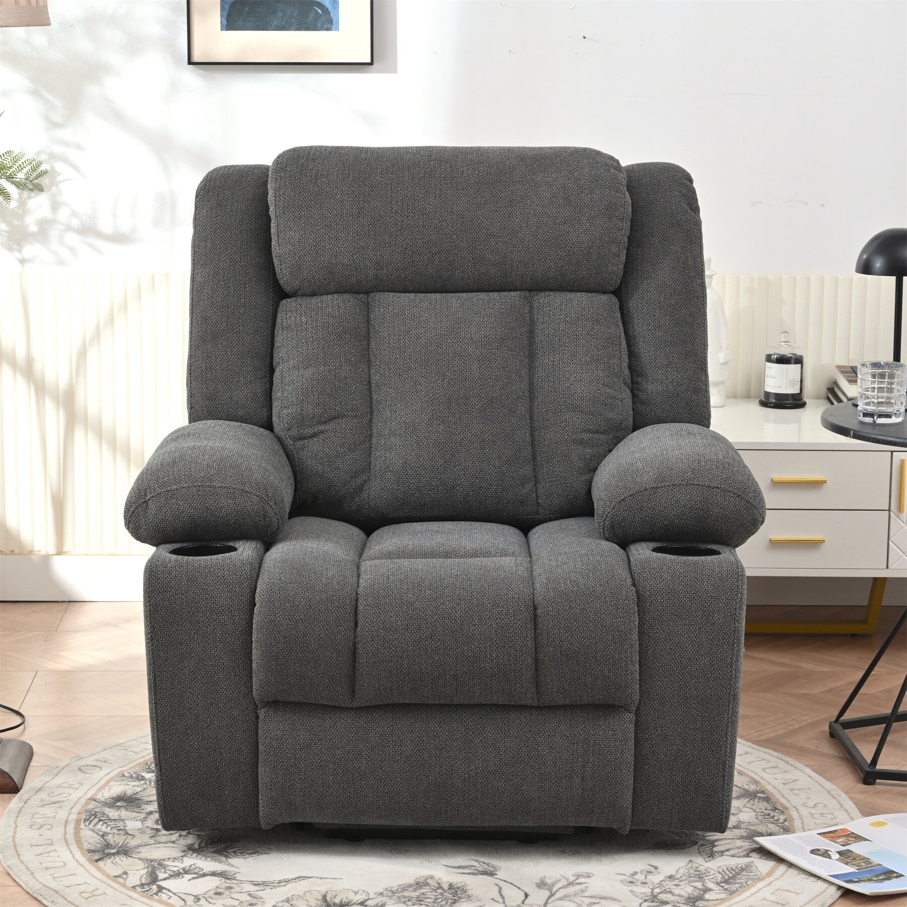 Fauteuil releveur électrique pour personnes âgées, fauteuil releveur en tissu avec repose-pieds extensible, 2 porte-gobelets, poches latérales et télécommande.