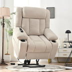 Fauteuil releveur électrique pour personnes âgées, fauteuil releveur en tissu avec repose-pieds extensible, 2 porte-gobelets, poches latérales et télécommande.