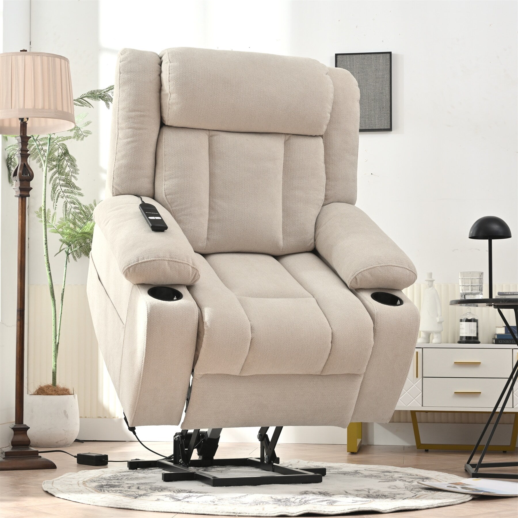 Fauteuil releveur électrique pour personnes âgées, fauteuil releveur en tissu avec repose-pieds extensible, 2 porte-gobelets, poches latérales et télécommande.