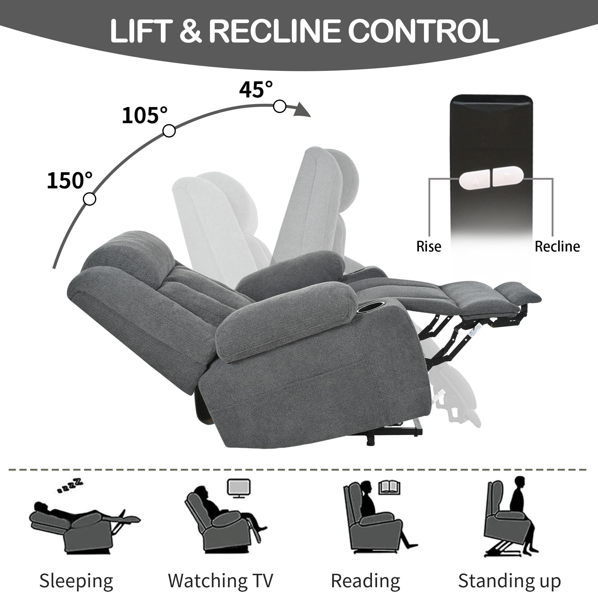 Fauteuil releveur électrique pour personnes âgées, fauteuil releveur en tissu avec repose-pieds extensible, 2 porte-gobelets, poches latérales et télécommande.