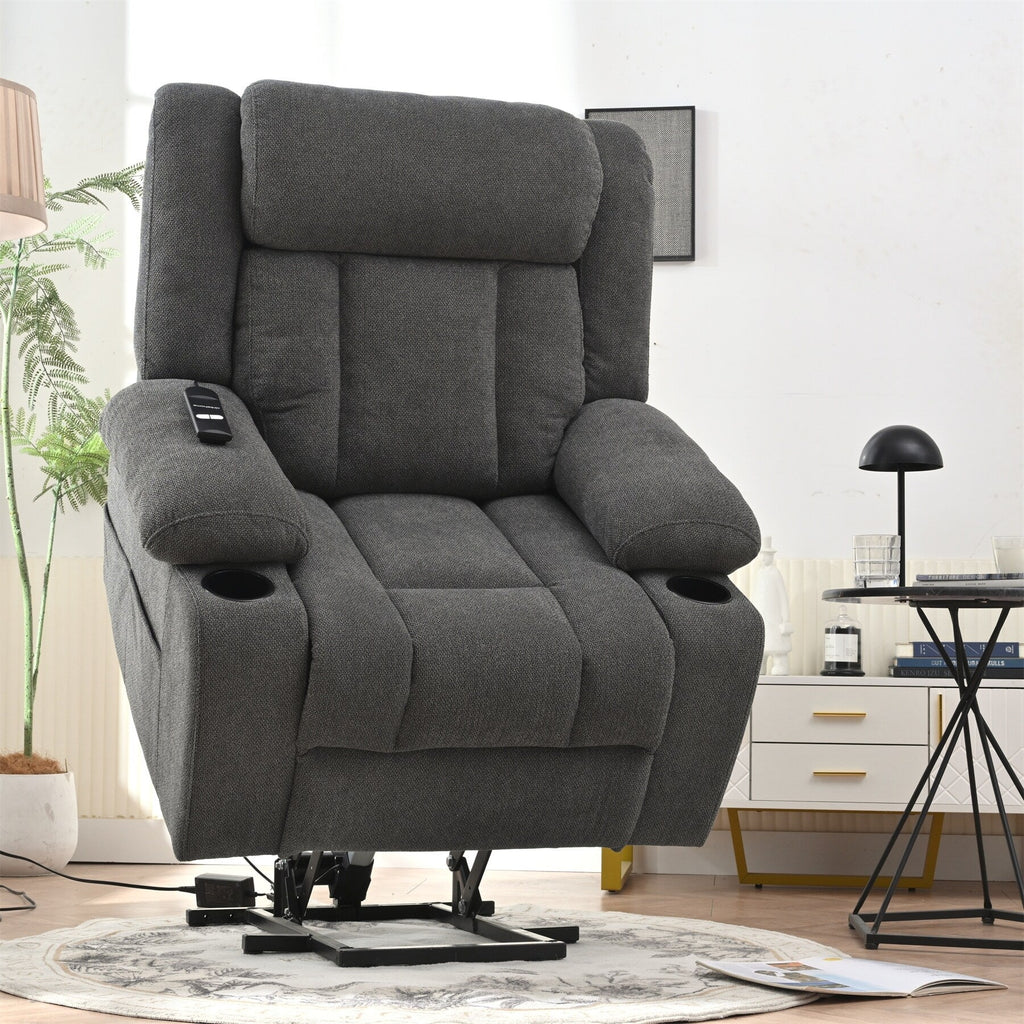 Fauteuil releveur électrique pour personnes âgées, fauteuil releveur en tissu avec repose-pieds extensible, 2 porte-gobelets, poches latérales et télécommande.