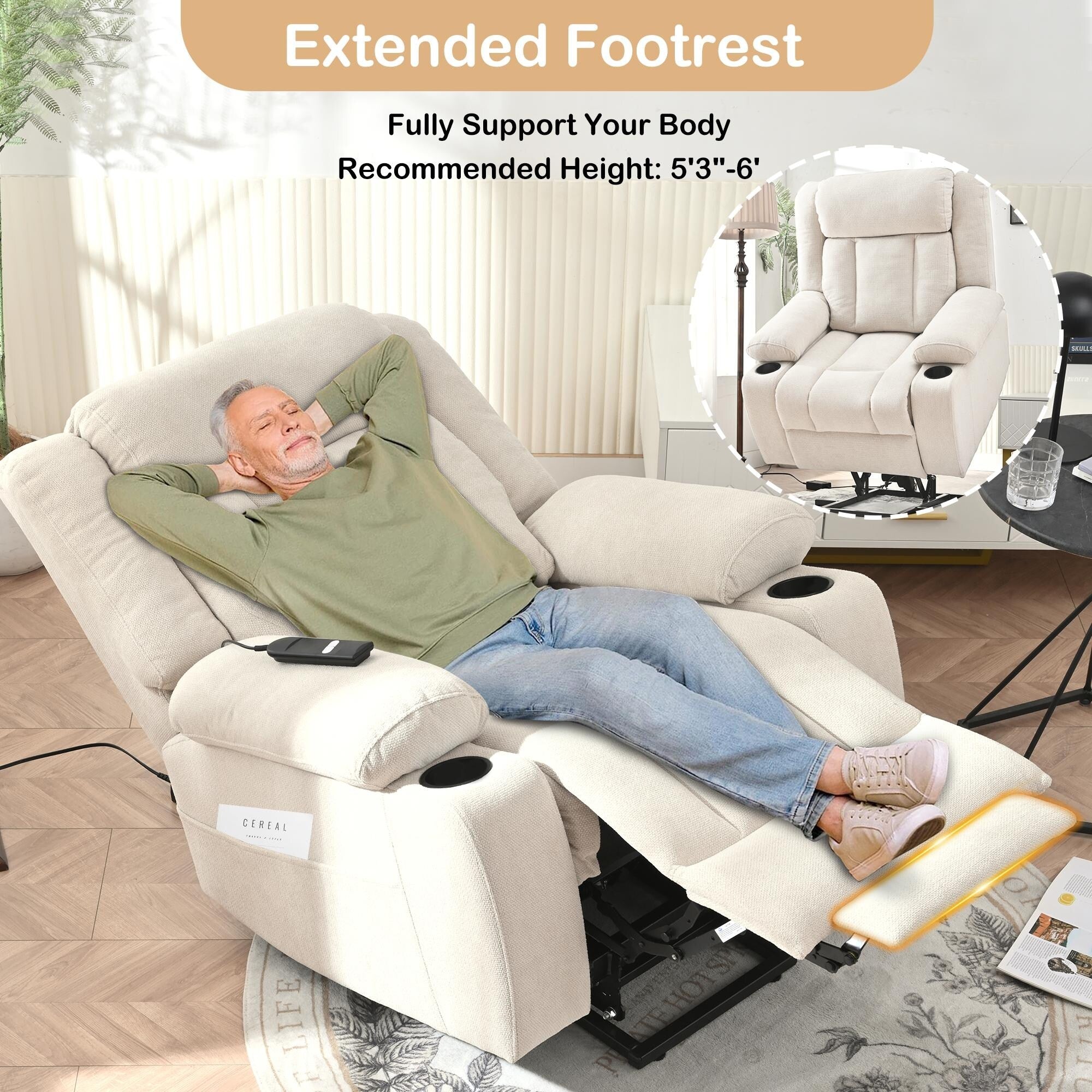 Fauteuil releveur électrique pour personnes âgées, fauteuil releveur en tissu avec repose-pieds extensible, 2 porte-gobelets, poches latérales et télécommande.