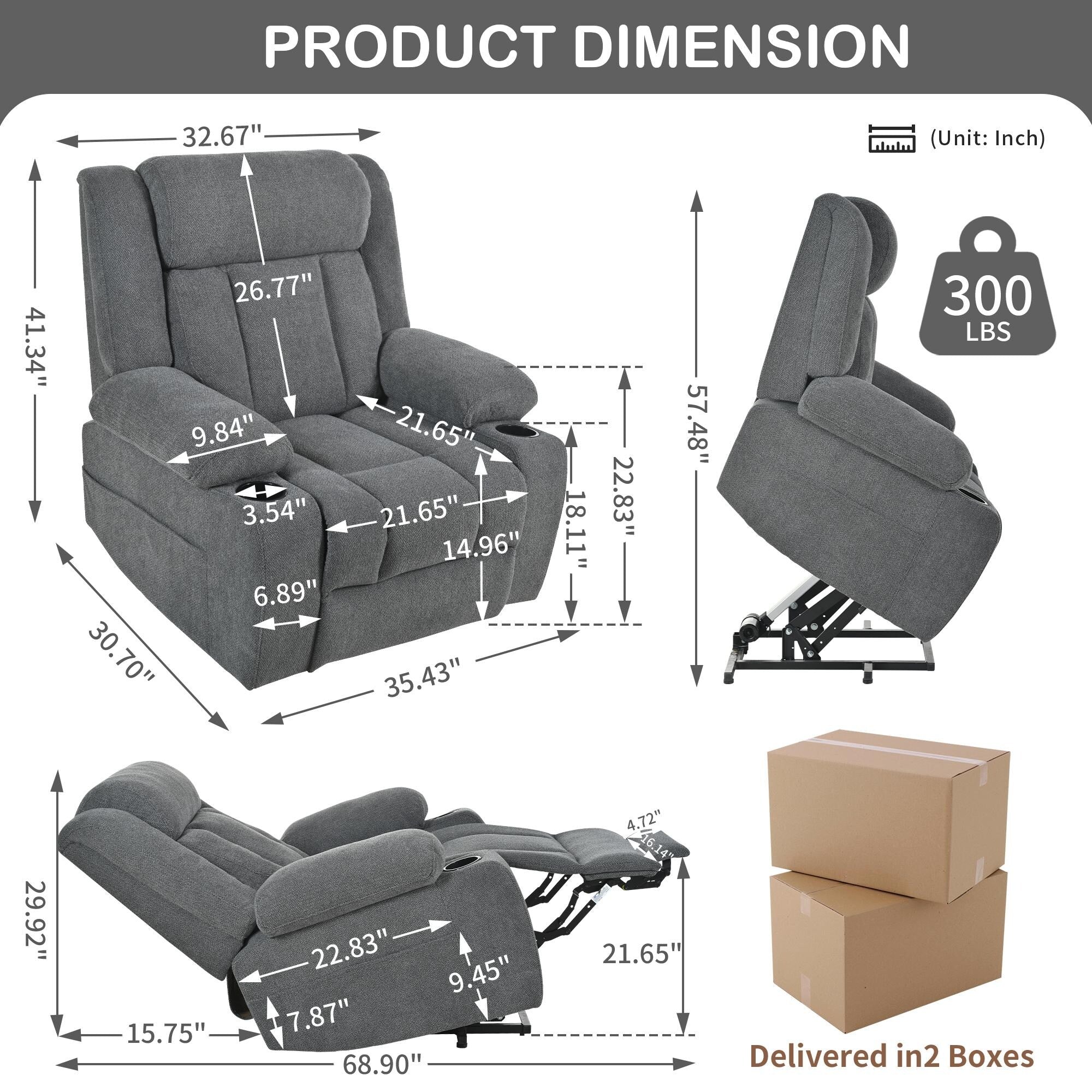 Fauteuil releveur électrique pour personnes âgées, fauteuil releveur en tissu avec repose-pieds extensible, 2 porte-gobelets, poches latérales et télécommande.