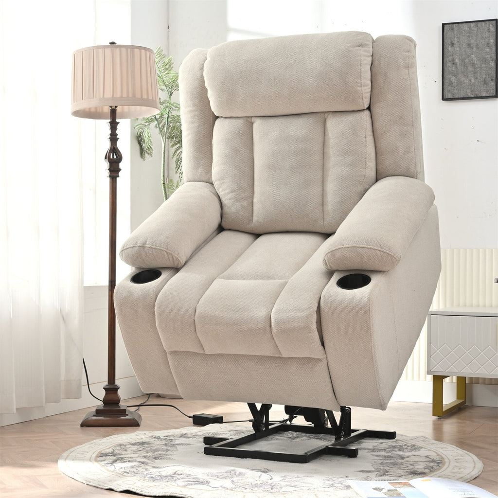 Fauteuil releveur électrique pour personnes âgées, fauteuil releveur en tissu avec repose-pieds extensible, 2 porte-gobelets, poches latérales et télécommande.