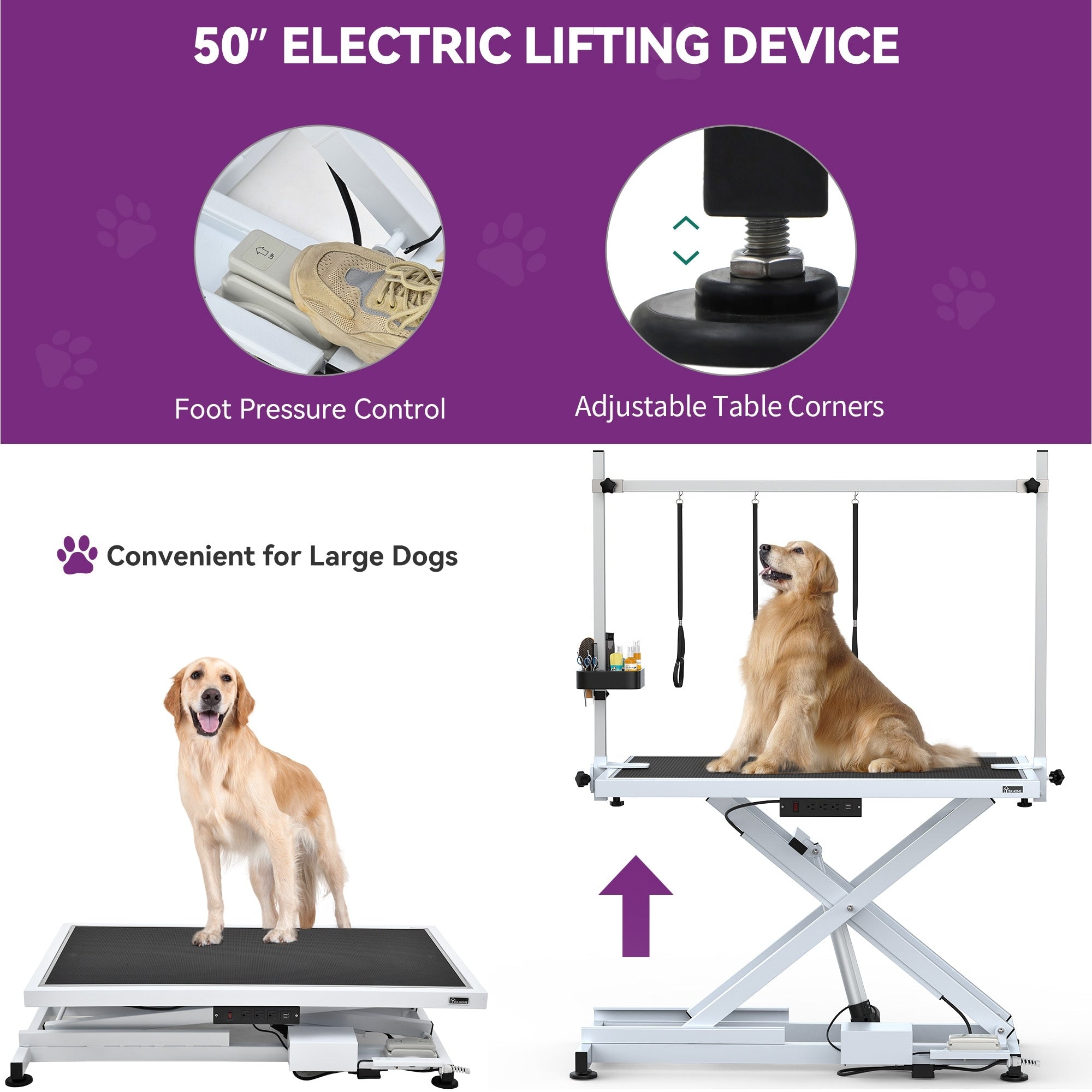 Table de toilettage électrique professionnelle pour chiens, pour grands chiens, table de toilettage pour animaux de compagnie robuste avec bras de toilettage en aluminium - 50''L