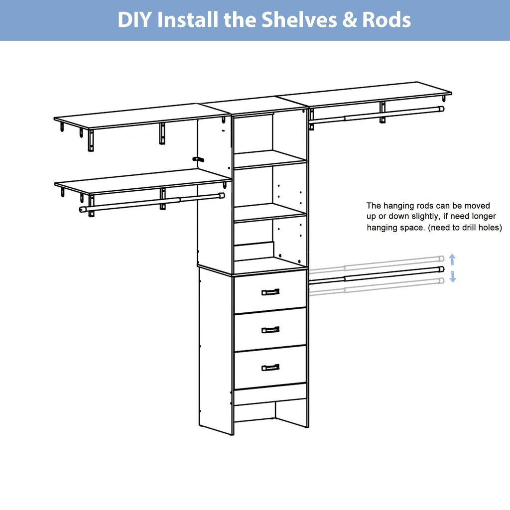 Rackcog Organisateur de placard réglable de 305 cm avec tiroirs, système de rangement avec étagères personnalisables pour placard à l'ancienne et placard aménagé.