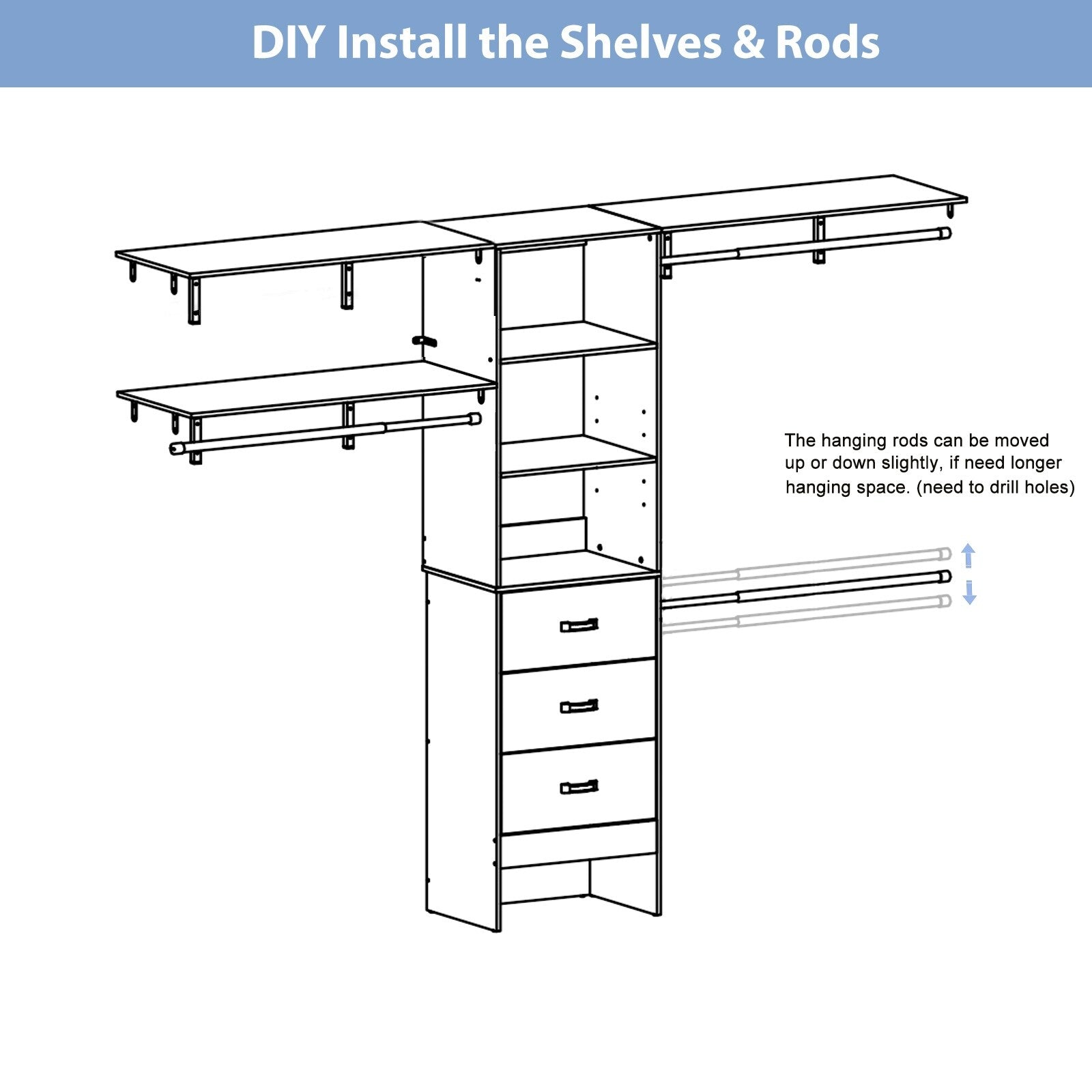 Rackcog Organisateur de placard réglable de 305 cm avec tiroirs, système de rangement avec étagères personnalisables pour placard à l'ancienne et placard aménagé.