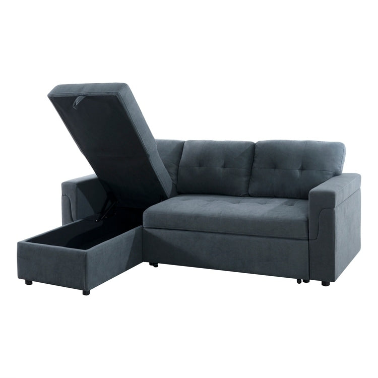 Canapé d'angle convertible et réversible avec lit escamotable, chaise longue avec rangement intégré et pieds robustes.