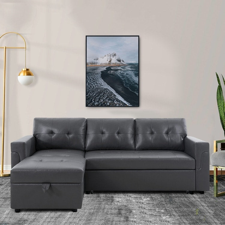 Canapé d'angle convertible et réversible avec lit escamotable, chaise longue avec rangement intégré et pieds robustes.