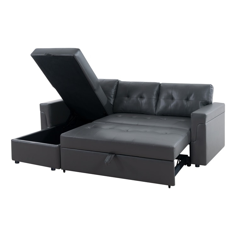 Canapé d'angle convertible et réversible avec lit escamotable, chaise longue avec rangement intégré et pieds robustes.