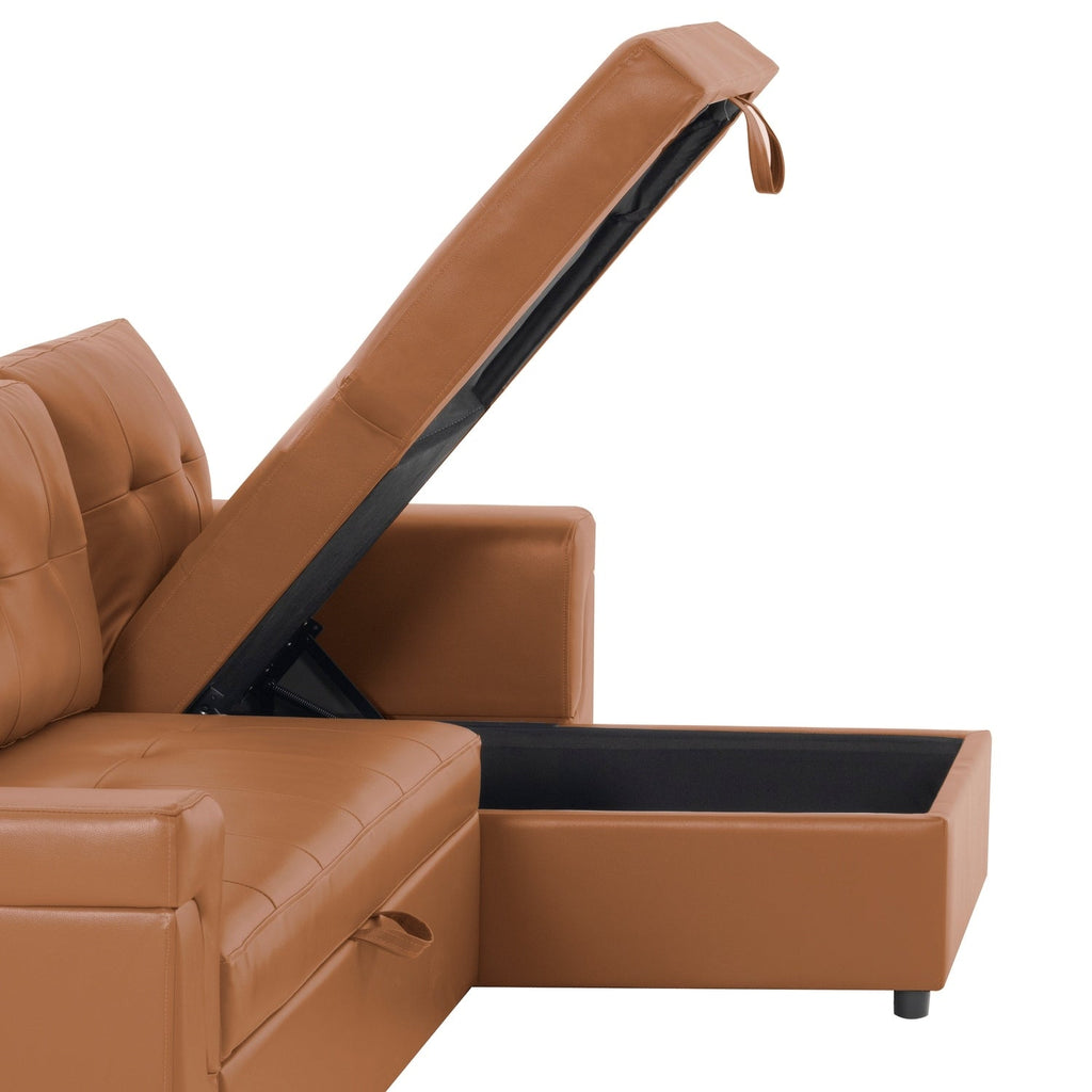 Canapé d'angle convertible et réversible avec lit escamotable, chaise longue avec rangement intégré et pieds robustes.