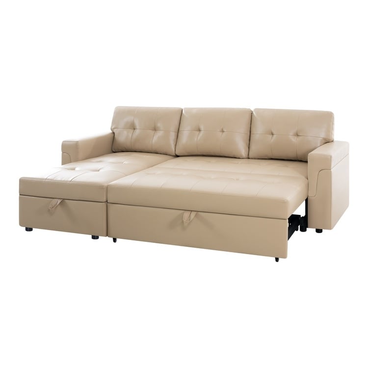 Canapé d'angle convertible et réversible avec lit escamotable, chaise longue avec rangement intégré et pieds robustes.