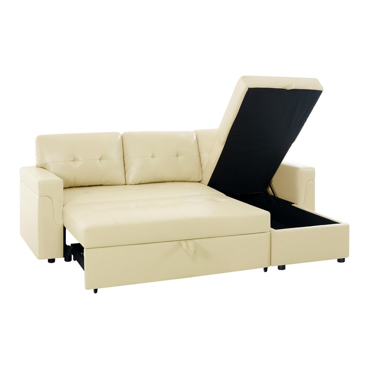Canapé d'angle convertible et réversible avec lit escamotable, chaise longue avec rangement intégré et pieds robustes.
