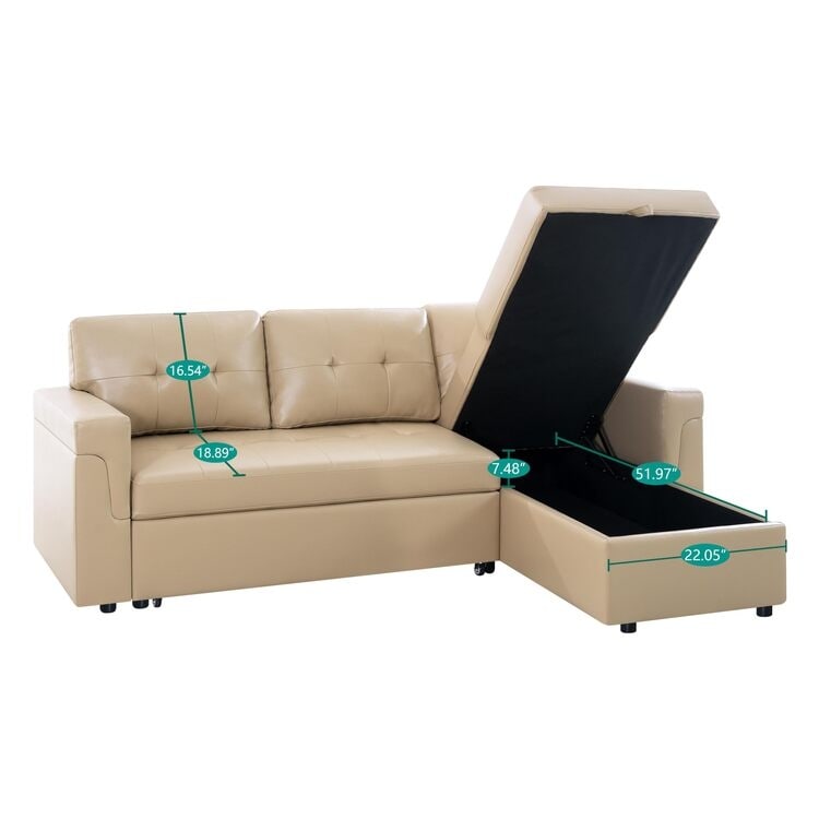 Canapé d'angle convertible et réversible avec lit escamotable, chaise longue avec rangement intégré et pieds robustes.