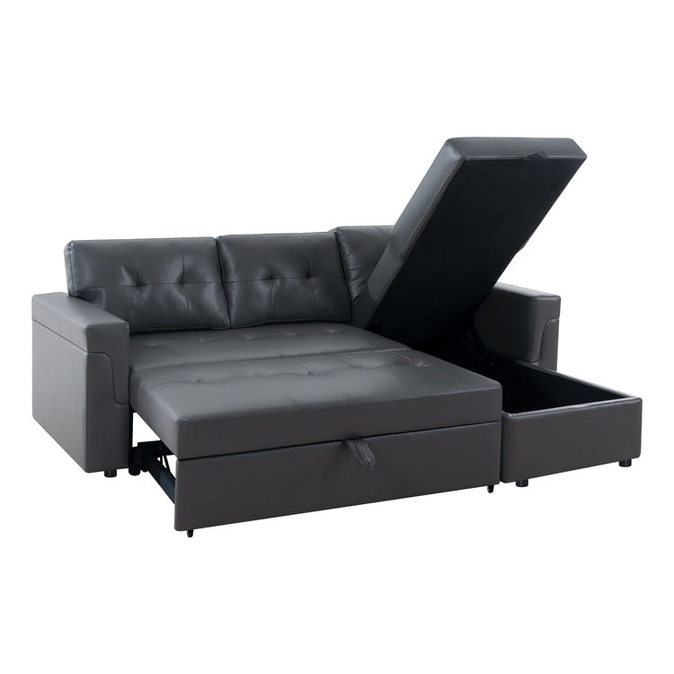 Canapé d'angle convertible et réversible avec lit escamotable, chaise longue avec rangement intégré et pieds robustes.