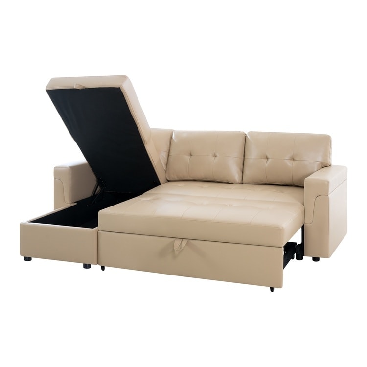 Canapé d'angle convertible et réversible avec lit escamotable, chaise longue avec rangement intégré et pieds robustes.