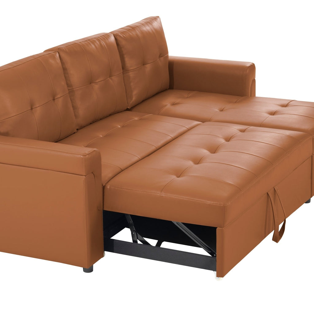 Canapé d'angle convertible et réversible avec lit escamotable, chaise longue avec rangement intégré et pieds robustes.