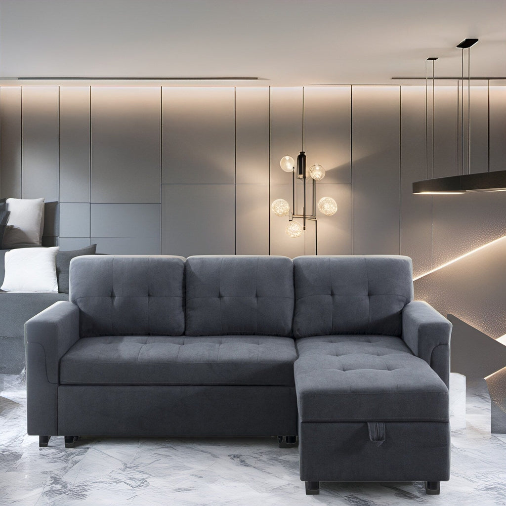 Canapé d'angle réversible avec lit escamotable, chaise longue avec rangement intégré, pieds robustes,