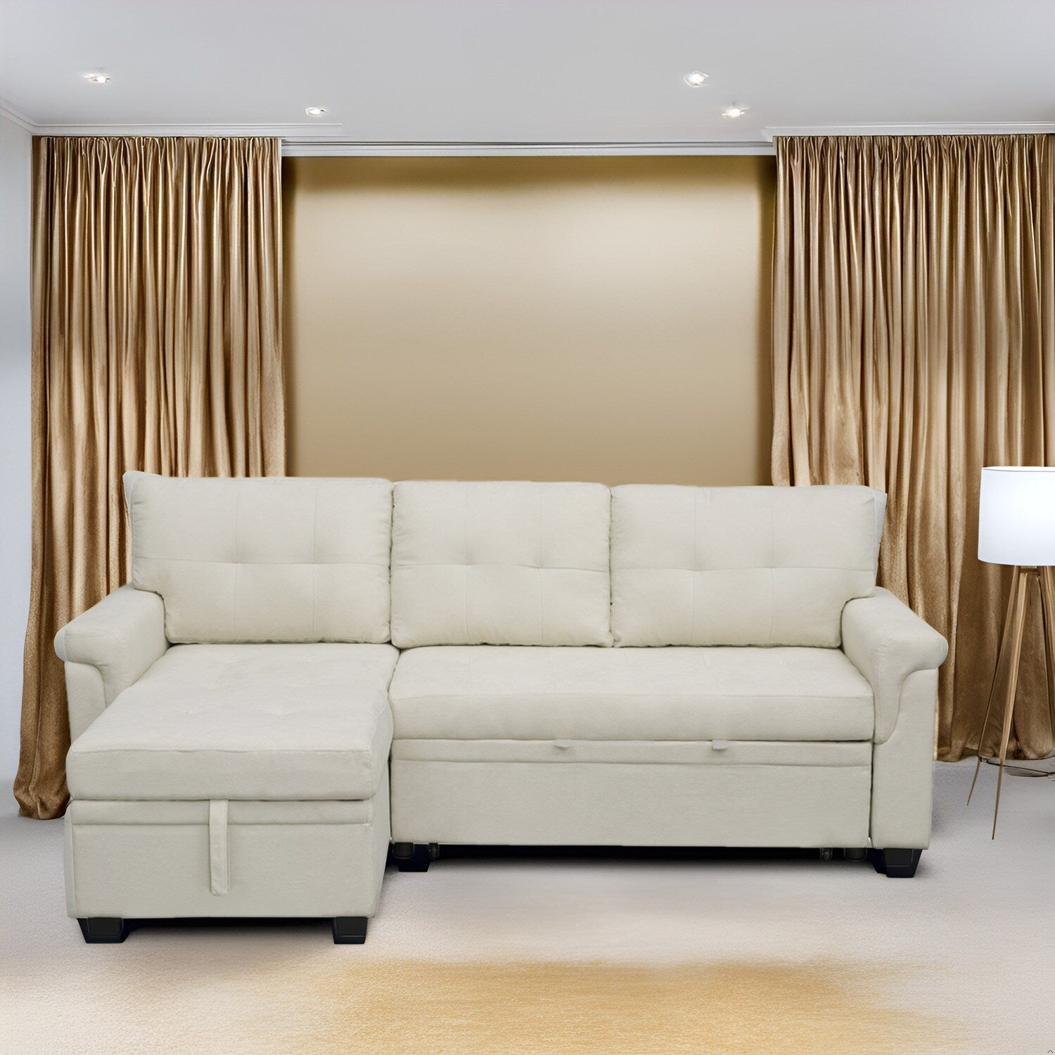 Canapé d'angle réversible avec lit escamotable, chaise longue avec rangement intégré, pieds robustes,