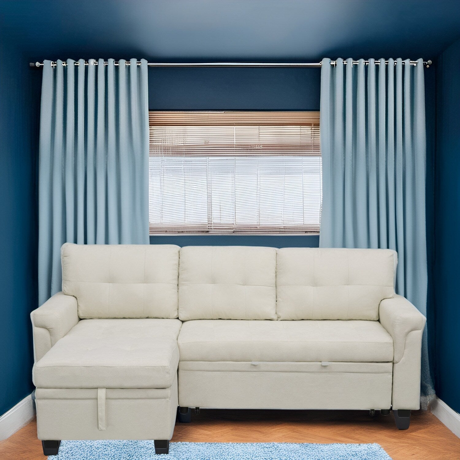 Canapé d'angle réversible avec lit escamotable, chaise longue avec rangement intégré, pieds robustes,