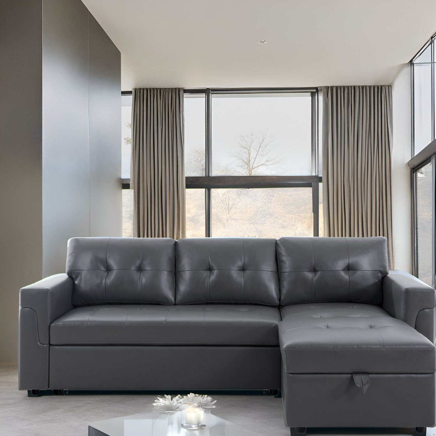 Canapé d'angle réversible avec lit escamotable, chaise longue avec rangement intégré, pieds robustes,