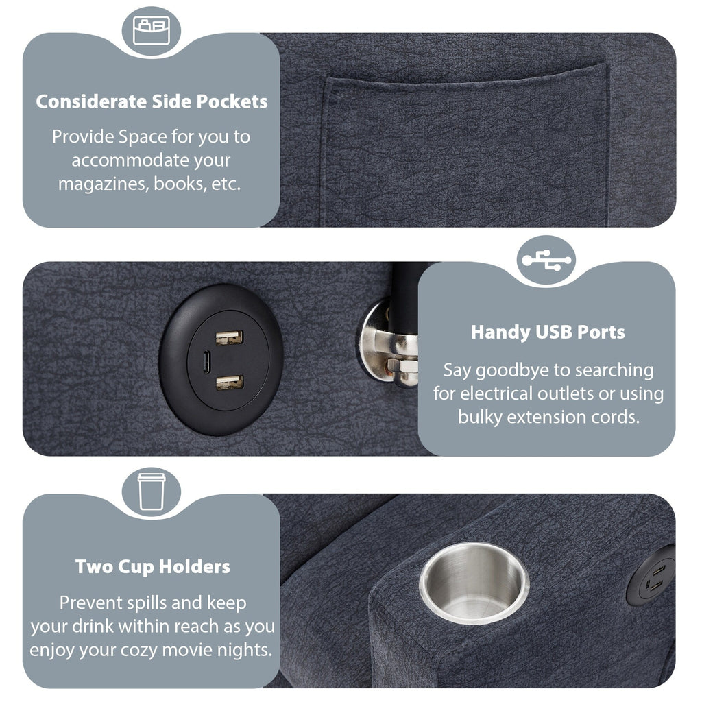 Canapé-lit convertible Roomfitters avec ports USB, poches latérales, porte-gobelets et support pivotant pour téléphone, idéal pour le salon.