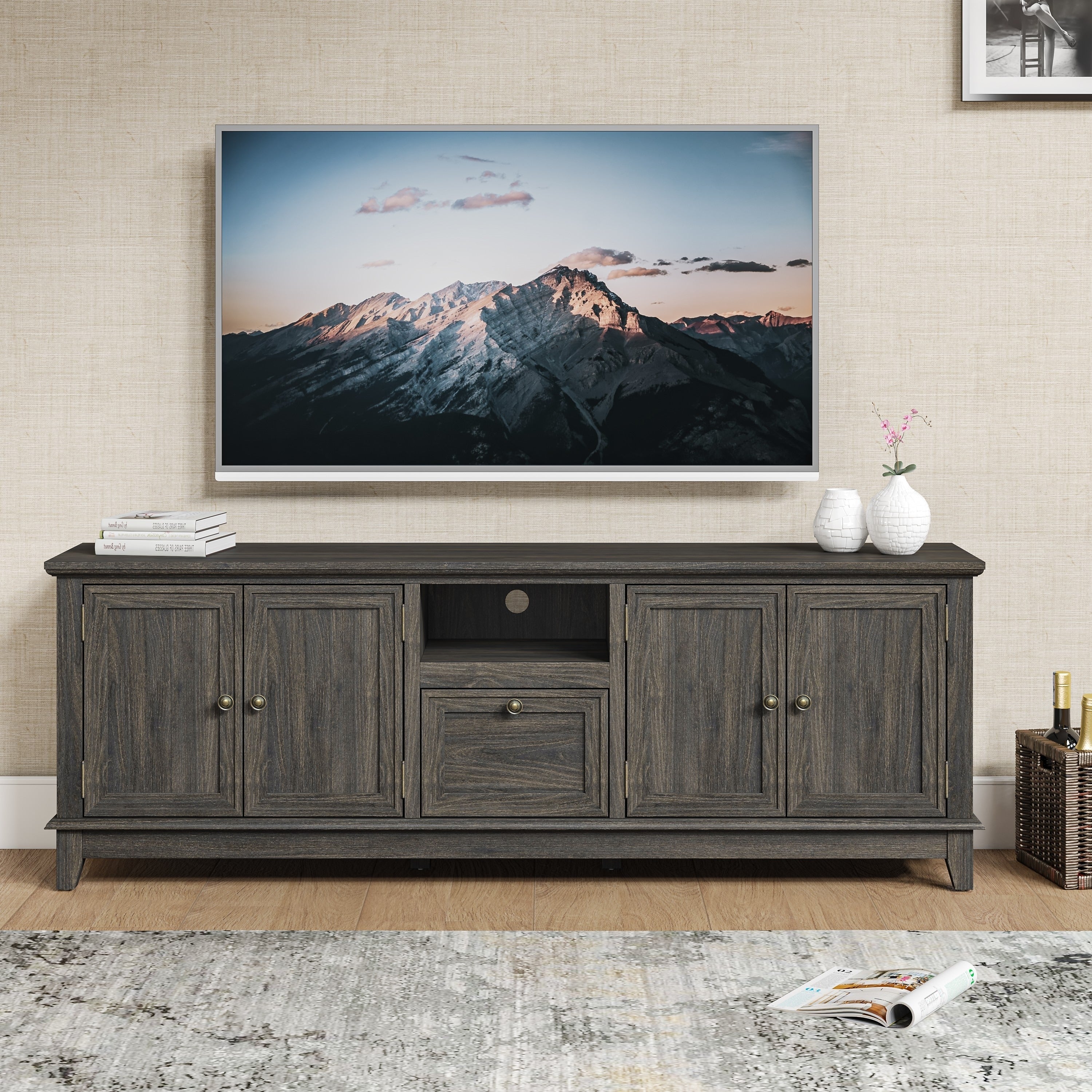 Meuble TV rustique de 183 cm (72 pouces) avec étagères réglables et rangement caché - 183 cm de largeur
