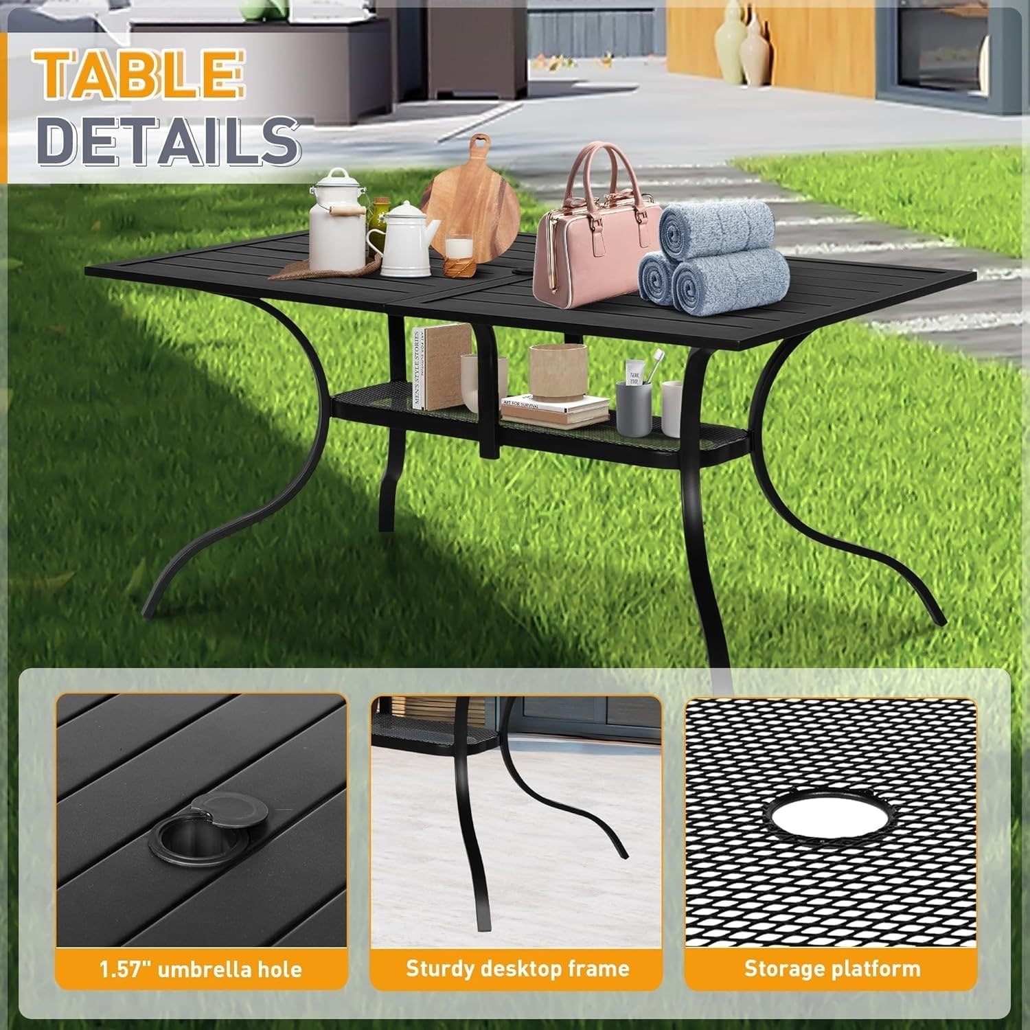 SUNCROWN Ensemble de repas d'extérieur pour patio, 5/7 pièces, en acier, avec table à lattes métalliques et chaises empilables, cadre à revêtement en poudre.