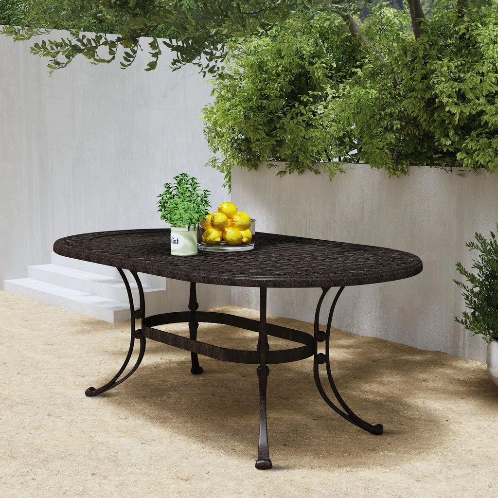 Ensemble de salle à manger d'extérieur 7 pièces Sanibel en aluminium bronze avec table ovale de 72 pouces et six fauteuils par Homestyles