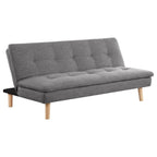 Canapé-lit convertible Siana, tissu gris capitonné, bois brun, 183 cm