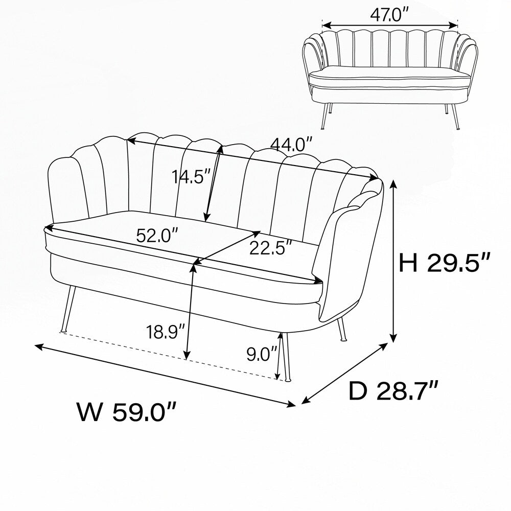 Petit canapé deux places avec pieds en métal doré - 2 places